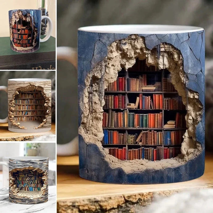 3D Library Bookshelf Mug, Coffee Mugs Gift for Book Lovers