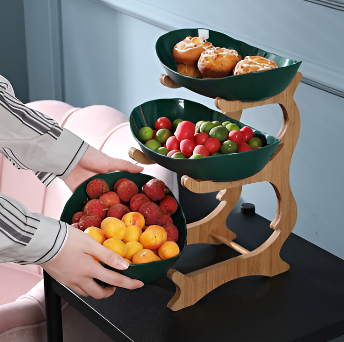 Multi-tiered wooden fruit bowl